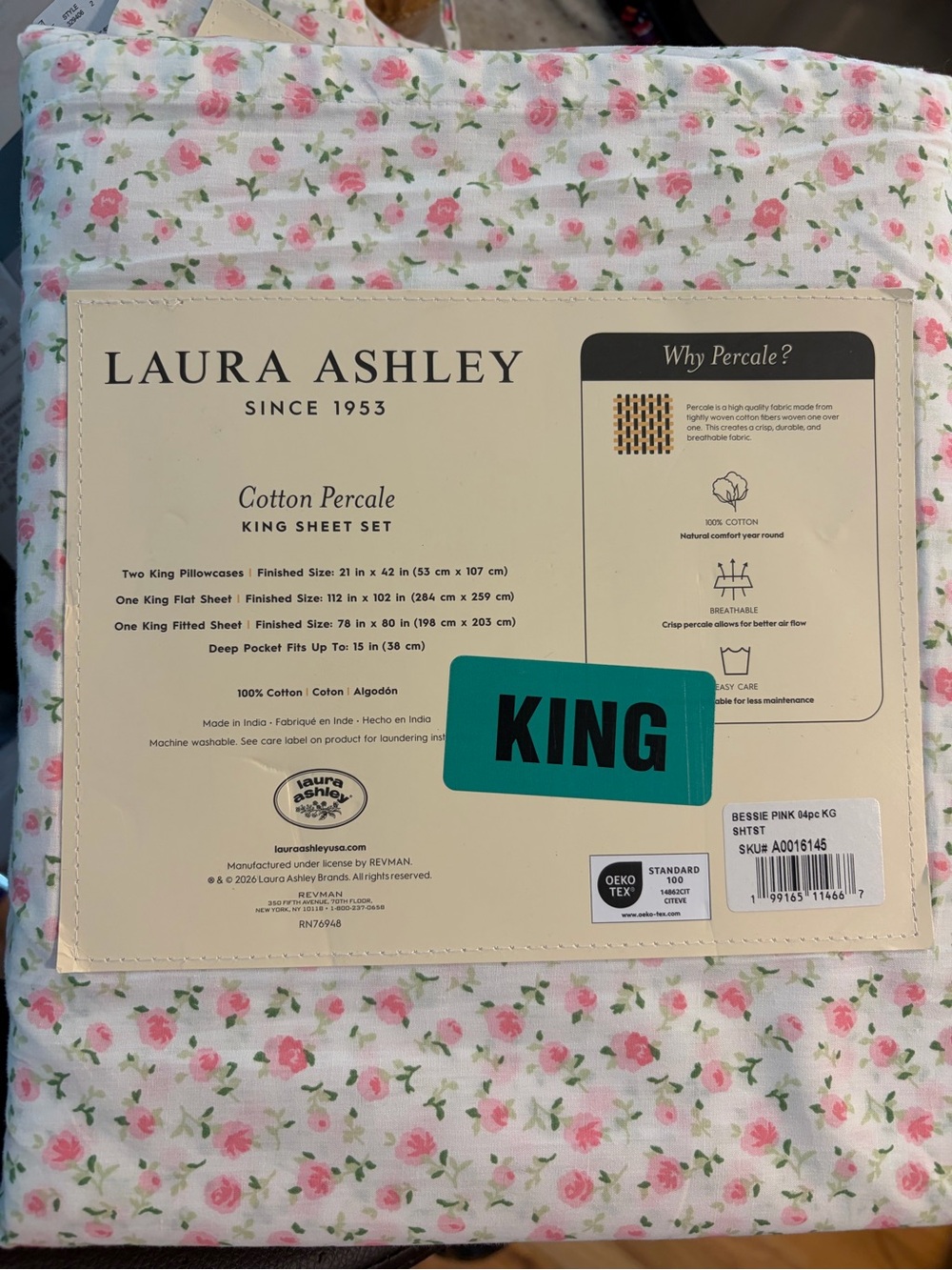 Laura Ashley Pink Rose Cotton Percale King Bed Sheet Set